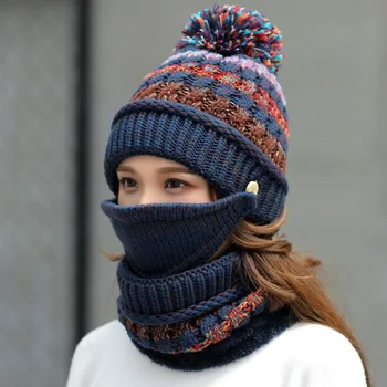 2023 Şapka Kış kadın Maskesi Yün Şapka Kızlar İçin Eşarp Kalın Sıcak Polar İç Örme Şapka Eşarp Seti 3 adet Kış Şapka