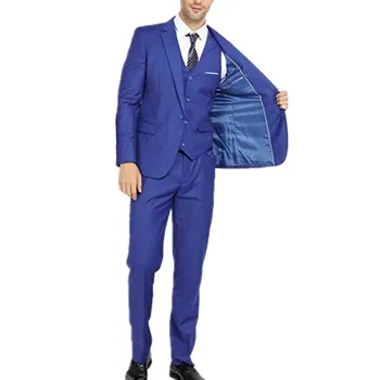 3 Parça Kraliyet Mavi erkek Takım Elbise Kostüm Homme Bir Düğme Blazer Damat İş Düğün Parti Slim Fit Smokin Ceket Yelek ve Pantolon