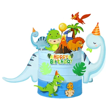 32 adet Hayvan Kek Dekorasyon Seti Doğum Günü Ağacı Yaprak Dinozor Topper Parti DIY Erkek Kız Kağıt Bebek Duş Sevimli Karikatür Volkan