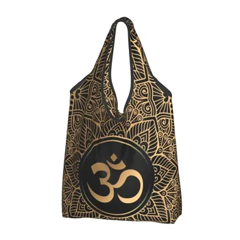 Altın Om Mandala Bakkaliye Alışveriş Çantaları Kawaii alışveriş çantası omuz çantaları Büyük Kapasiteli Taşınabilir Kına Aum Çanta