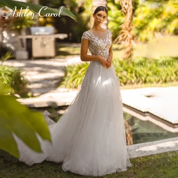 Ashley Carol A-Line düğün elbisesi 2022 Büyüleyici Boncuklu Dantel Kısa Kollu Gelin Backless Uyluk Bölünmüş Plaj gelin kıyafeti