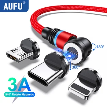 AUFU 540 Döndür Manyetik USB C Kablosu İçin Xiaomi iPhone 14 13 Pro Max 3A Hızlı Şarj Kablosu Mikro USB Mıknatıs Şarj İçin Samsung