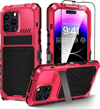 Ağır Metal Kasa iPhone 14 Pro Max 14 Artı 10FT Askeri Koruma Sağlam Kapak Dahili Kickstand 9H Ekran Koruyucu