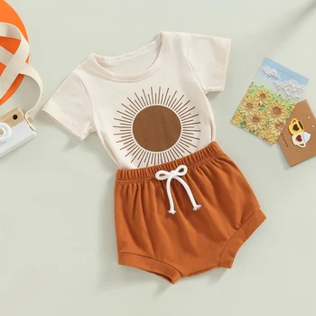 Bebek Bebek Erkek Yaz Kıyafeti Sevimli Kısa Set Kısa Kollu Güneş Baskı T-shirt + Elastik Bel Şort Çocuklar İki Parçalı Giyim Takım Elbise