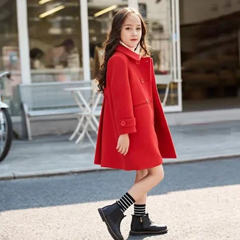 Bebek Kız Kırmızı yün ceketler Mont 2020 Sonbahar Kış Dış Giyim Çocuk Kız Elbise Çocuk Uzun Kollu Ceket Boyutu 120-160 Cm