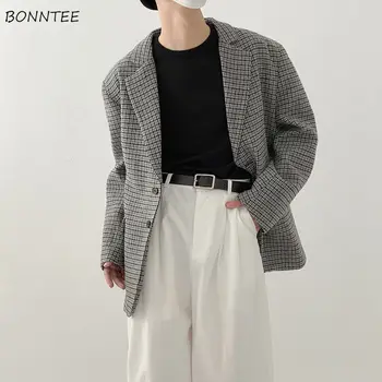 Blazers Erkekler Gevşek Yakışıklı Dış Giyim Kore Tarzı Moda Sonbahar Ekose Çentikli Harajuku Giyim Tüm Maç Streetwear Yeni Varış