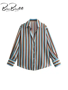 BlingBlingee Y2K Çizgili Baskı Kadın Gevşek Gömlek Traf 2023 Sonbahar V Boyun Uzun Kollu Düğmeler Saten Casual Bluz Kadın Üst