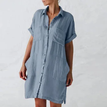 Boyutu 5XL Casual Vintage Pamuk Keten Gömlek Elbise Yaz Moda Şık Kadın Giyim Yaka Kısa Kollu Düğmeler Cepler Gevşek Orta