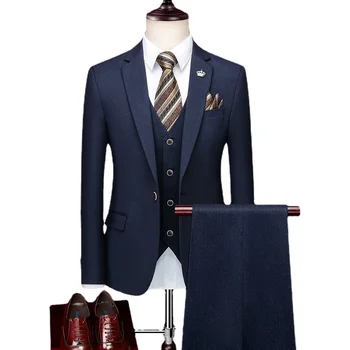 (Ceket+Yelek+Pantolon)2022 Moda Erkek Rahat takım elbise 3 Parça Set / Erkek Bir Düğme Blazers Pantolon Yelek Lüks Smokin