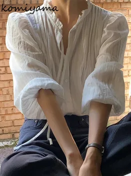 Dantel Up Pileli Gömlek Bluzlar Tek Göğüslü Blusas Mujer Kore Chic Mantar Camisas Gevşek Ropa Bahar Bayan Giyim