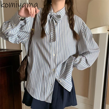 Dantel Up Yay Gömlek Bluzlar Kontrast Şerit Blusas Mujer Tek Göğüslü Camisas Tam Kollu Ropa 2024 Bahar Bayan Giyim