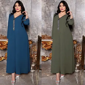 Eid 2023 Yeni Müslüman Kadınlar Uzun Kollu V Boyun Abaya Elbise Abayas Kadın Parti Sequins Elbiseler Ramazan Kaftan Kaftan Zarif