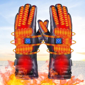 Elektrikli ısıtmalı eldiven 3-Level sıcaklık USB ısıtma motosiklet eldivenleri su geçirmez PU deri kış el ısıtıcı kayak eldivenleri