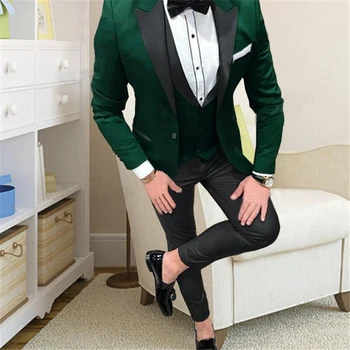 Erkek Takım Elbise Bir Düğme Tepe Yaka Üç Parçalı Set Slim Fit Düğün Smokin Erkek Takım Elbise Bir Düğme Tepe Yaka Üç Parçalı Set Slim Fit Düğün Smokin 2