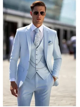 Erkek Takım Elbise Gökyüzü Mavi Erkekler İçin Çentikli Yaka Tek Göğüslü Saten Zarif Kostüm 3 Parça Ceket Pantolon Yelek Slim Fit Düğün