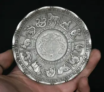 Eski Çin Hanedanlığı Miao Gümüş Fengshui 12 Zodyak Yıl Hayvan Tabak Çanak Heykeli