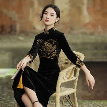 Etnik Tarzı Harajuku Modern Qipao Siyah Geleneksel Vintage Zarif Ince Cheongsam Geliştirmek Kadın çin elbisesi Femme Yeni