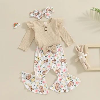 FOCUSNORM 3 adet Toddler Bebek Kız Paskalya Giysileri Setleri 0-18M Kıyafet Nervürlü Uzun Kollu Romper Çiçek ve Tavşan Flare Pantolon Kafa Bandı