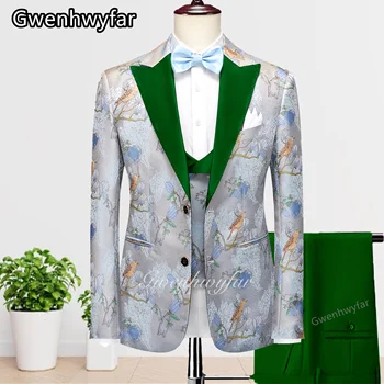 Gwenhwyfar 2023 Moda Tasarım Jakarlı Desen Takım Elbise Klasik Yeşil Keskin Yaka Slim Fit erkek Takım Elbise Ana Smokin 3 Parça Set