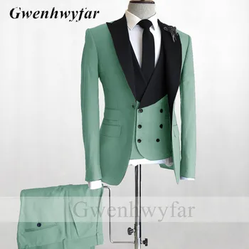 Gwenhwyfar Yeşim Yeşil Erkek Takım Elbise 2022 3 Parça set-Blazer ve Pantolon ve Yelek Custom Made Tepe Yaka Damat Düğün Smokin resmi kıyafet