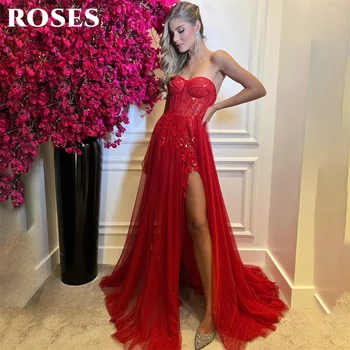 GÜLLER Sevgiliye Boyun Özel Durum Elbise Kırmızı Parlak Örgün önlük Uzun Pullu Aplikler Dantel Abiye vestidos de fiesta