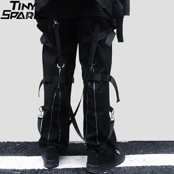Hip Hop Kargo Pantolon Streetwear 2023 Erkekler Harajuku Arka Fermuar Pantolon Toka Şerit HipHop Joggers harem pantolon Cepler Sonbahar Siyah