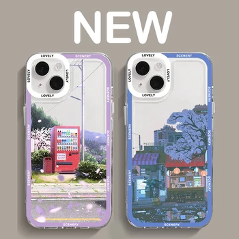 Japonya Anime Manzara Sokak Görünümü Telefon Kılıfı için iPhone 13 15 11 12 14 Pro XS Max Mini 8 Artı SE2 X XR Temizle Sahne Fundas Cilt
