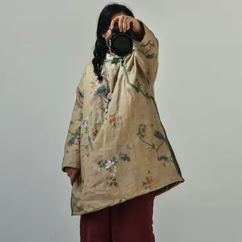 Johnature Kadınlar Vintage Parkas Rami Baskı Çiçek Mont 2023 kışlık kazak Çin Tarzı Kadın Giysileri Düğme Mont