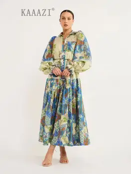 KAAAZI Vintage Baskı A-line Büyük Hem Gevşek Kadınlar uzun elbise Zarif Rahat Moda Uzun Kollu Sonbahar Yeni Kadın Maxi Elbise