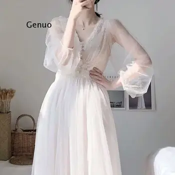 Kadın Bahar Elbise Vintage Zarif Düğme evaze elbise Katı Puf Kollu Dantel Vual Örgü Elbise Kadın Vestidos