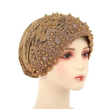 Kadın Elastik Başörtüsü Kap Müslüman Kap Arap Dantel Boncuklu Süs İslam Bayan Şal Saç Şapka Kemo Kap