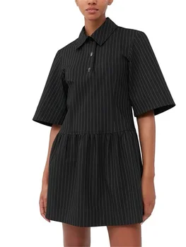 Kadın Mini Elbise Çizgili Düğmeler Yüksek Bel Yaz Yeni Casual Turn-aşağı Yaka Kısa Kollu Elbise
