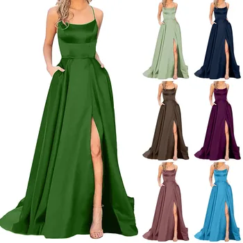 Kadınlar İçin zarif Elbiseler Seksi 2023 Halter Backless Uzun Saten Spagetti Parti Balo Elbise Yarık Düğün Akşam Parti Elbise
