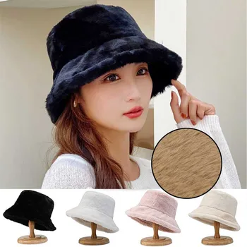 Kore Kuzu Taklit Kürk Kova Şapka Bayan Kış Sıcak Yumuşak Panama Şapka Açık Balıkçı Kap Kadınlar İçin Düz Renk Bere Bonnet 2022