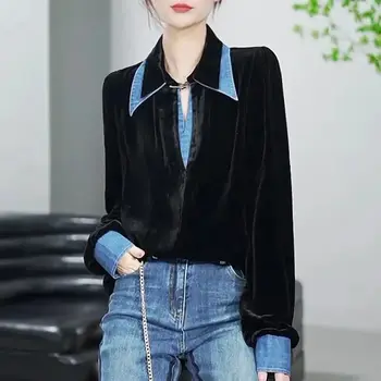 Kovboy ekleme kadife yaka uzun kollu gömlek kadın ilkbahar ve sonbahar yeni Kore tasarım gevşek mizaç rahat bluz
