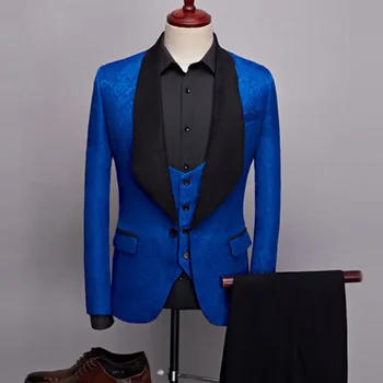 Kraliyet Mavi Erkek Takım Elbise Lüks Tam Set Jakarlı Kumaş Şal Yaka Tek Göğüslü Ofis Blazer Zarif 3 Parça Ceket Pantolon Yelek