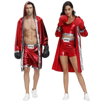 Kırmızı Boxer Kostümleri Seksi Boks Üniforma Takım Elbise Erkek Kadın Karnaval Cadılar Bayramı Partisi Cosplay Elbise Kapüşonlu Pelerin Elbise Üst şort takımı