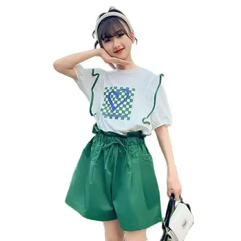 Kızlar yaz giysileri Kalp Desen Kız Giyim Tshirt + Kısa Elbise Kız Rahat Tarzı çocuk Eşofman 6 8 10 12 14