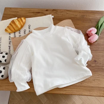 Kış Toddler Kız Sevimli Polar T Shirt Çocuk Giysileri Bebek Kız Puf Kollu Yarım Yüksek Boyun Uzun kollu Tişört Tops