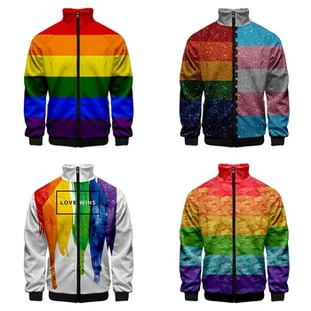 LGBT 3D Standı Yaka Ceketler Hoodies Erkekler Kadınlar Gökkuşağı Bayrağı Lezbiyenler Eşcinseller fermuarlı kapüşonlu kıyafet Rahat Uzun Kollu ceket Ceket Elbise