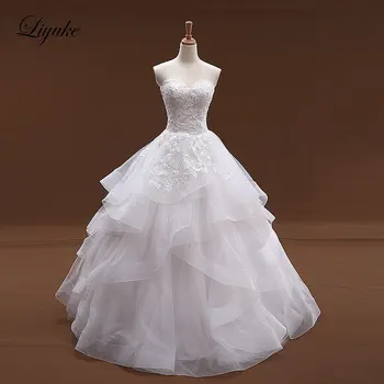 Liyuke Prenses Bir Çizgi düğün elbisesi Organze ve Tül Fildişi Renk Lace Up Gelin Elbise Vestido de casamento