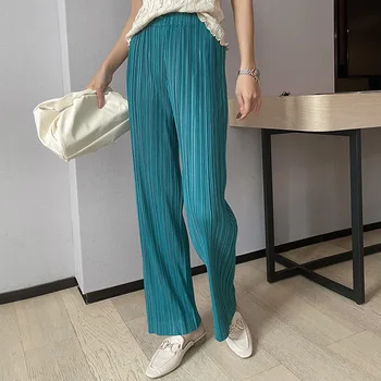 Miyake issey miyake Pilili Klasik Düz Renk Basit Örtü Düz bacak Pantolon Kadın 2023 Yaz Yüksek Elastik Bel Tüm uyumlu Pantolon