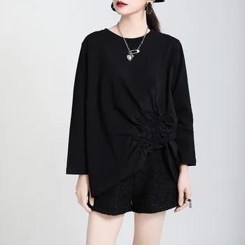 Moda Eklenmiş Uzun Kollu O-Boyun Siyah Kazak Tshirt Kadın Streetwear Hip Hop Gotik Rahat Gevşek Tees Tops Gömlek 1946