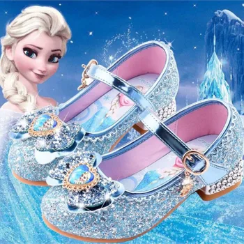 Moda yeni karikatür kız rahat ayakkabılar çocuk yüksek topuklu ayakkabılar elsa prenses dondurulmuş karikatür ilmek deri ayakkabı