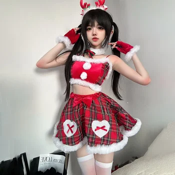 Noel Tatlı Lolita JK Üniforma Kadın Seksi İç Çamaşırı Ekose Hizmetçi Canlı Canlı Cosplay Kostümleri Elk Yumuşak Peluş Üst Etek Gecelikler