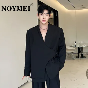 NOYMEI Kore Blazer Sahte İki parçalı Uzun Kollu Siyah Parlak İpek Kumaş High-end Omuz Pedi, yakasız Takım Elbise Ceket WA2656