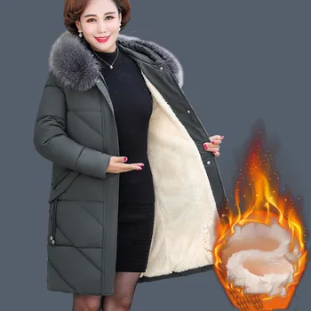 Orta Yaşlı anne Pamuk Yastıklı Ceket Kürk Yaka Uzun Kadın Ceket Pamuklu Elbise 2023 Kış Artı Kadife Kalınlaşmış Sıcak Parkas