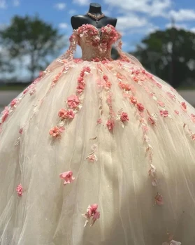Pembe Şampanya Balo Quinceanera Elbise Uzun Kollu 3D Çiçek Boncuklu Prenses Tatlı 15 vestidos para xv años Balo