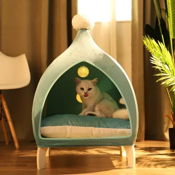 Pet Yuva Yaz Yeni Kedi Çadır Ahşap Çerçeve Yuva Dört Mevsim Çıkarılabilir ve Yıkanabilir Net Kırmızı Küçük Köpek Yuva Kedi Yatak