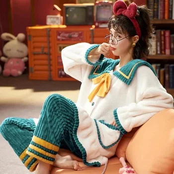 Pijama kadın kış mercan Peluş kalınlaşmış Peluş uzun Pijama Set sonbahar ve kış Peluş güzel eğlence Kore ev giysileri